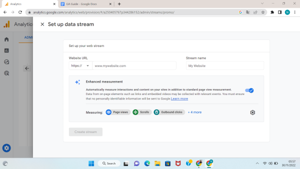 Create stream to set up data stream on Google Analytics 4 (GA4)
