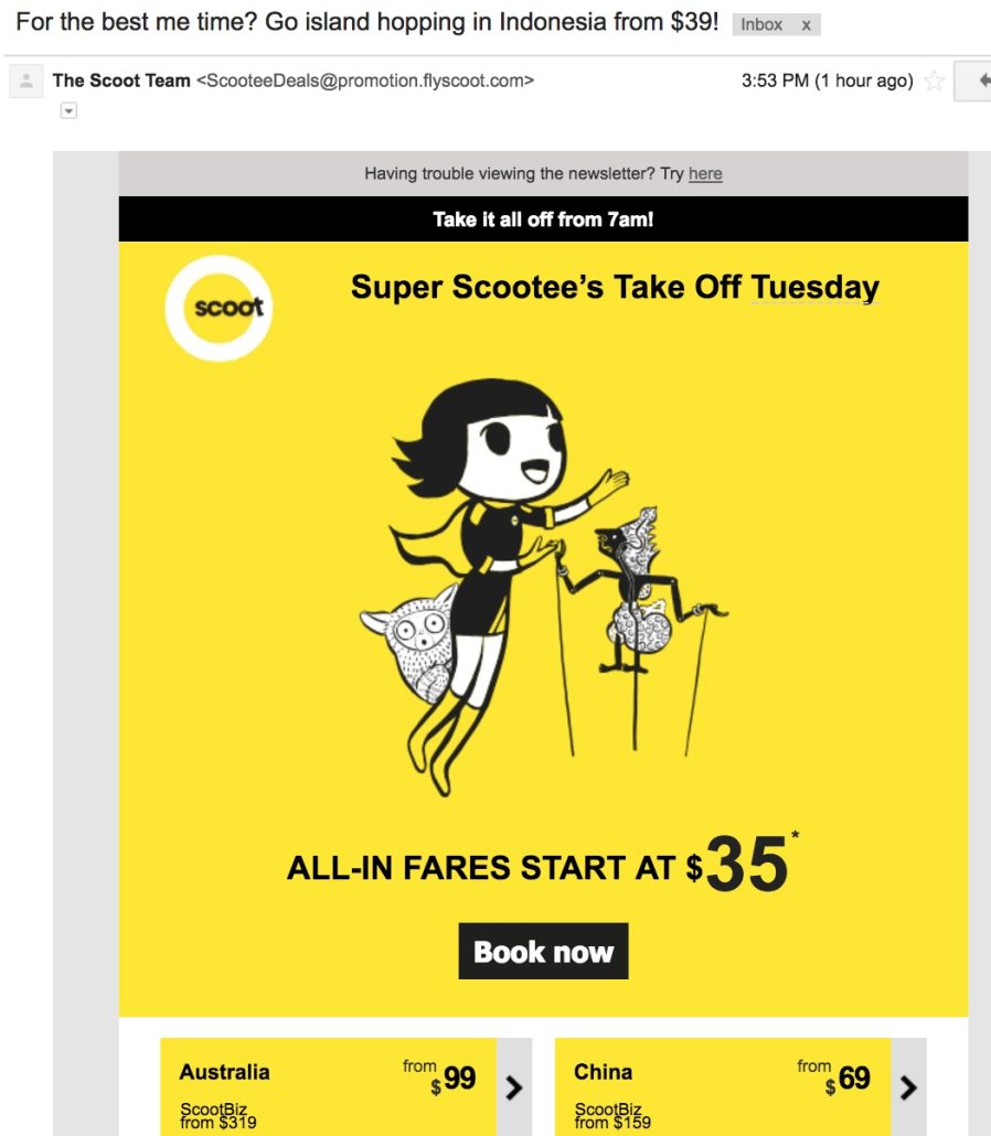 Scoot promotional email example