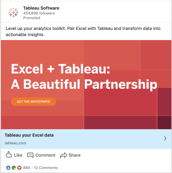 Tableau Software ads on their partnership with Excel